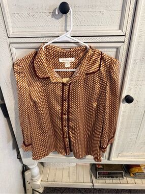 Monteau Orange and Brown Geometric Button-Up Blouse